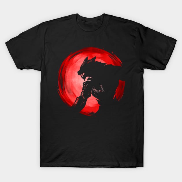 Werewolf Shadow In Front Of The Red Moon Halloween T-Shirt by SinBle